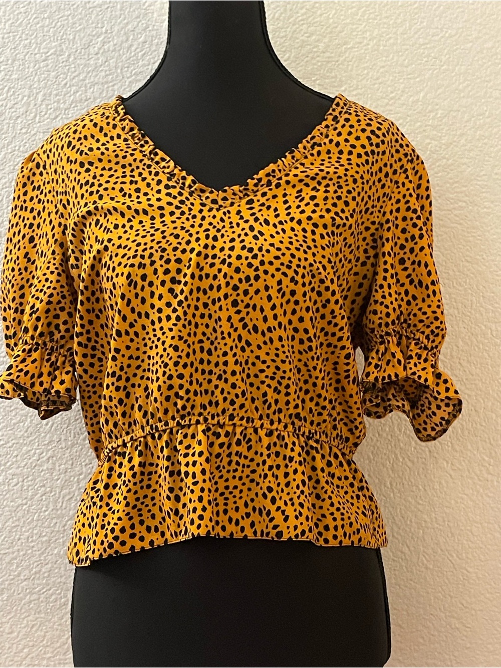 Topshop Mustard Yellow and Black Leopard Print V-Neck Peplum Blouse